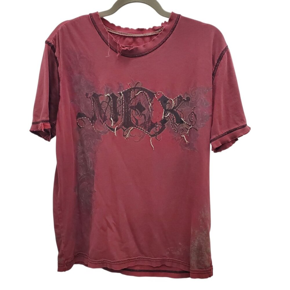 MEK Denim Men's Burgundy‎ Rough Heavy Distressed Graphic Short Sleeve Tee Size L